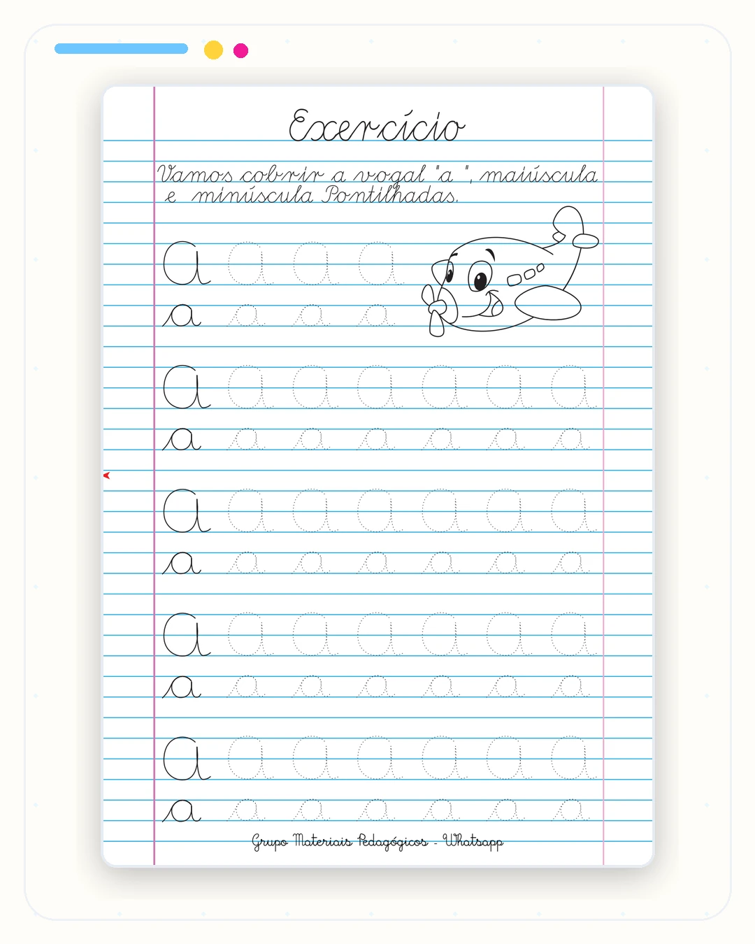 Página interna de caligrafia com letra A pontilhada