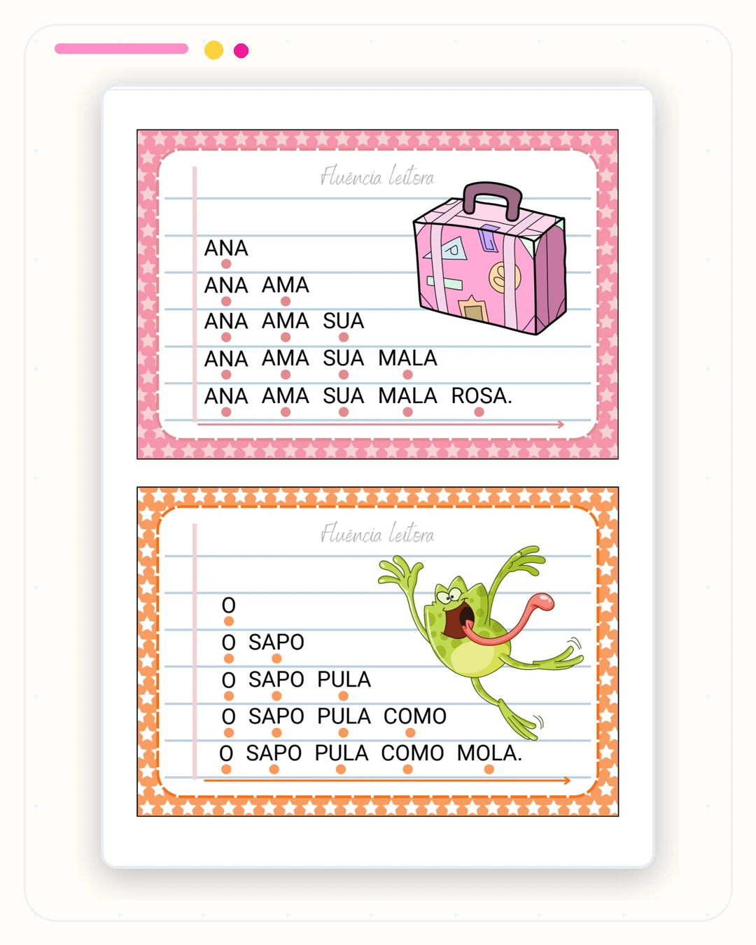 Página interna de fluência leitora com frases progressivas