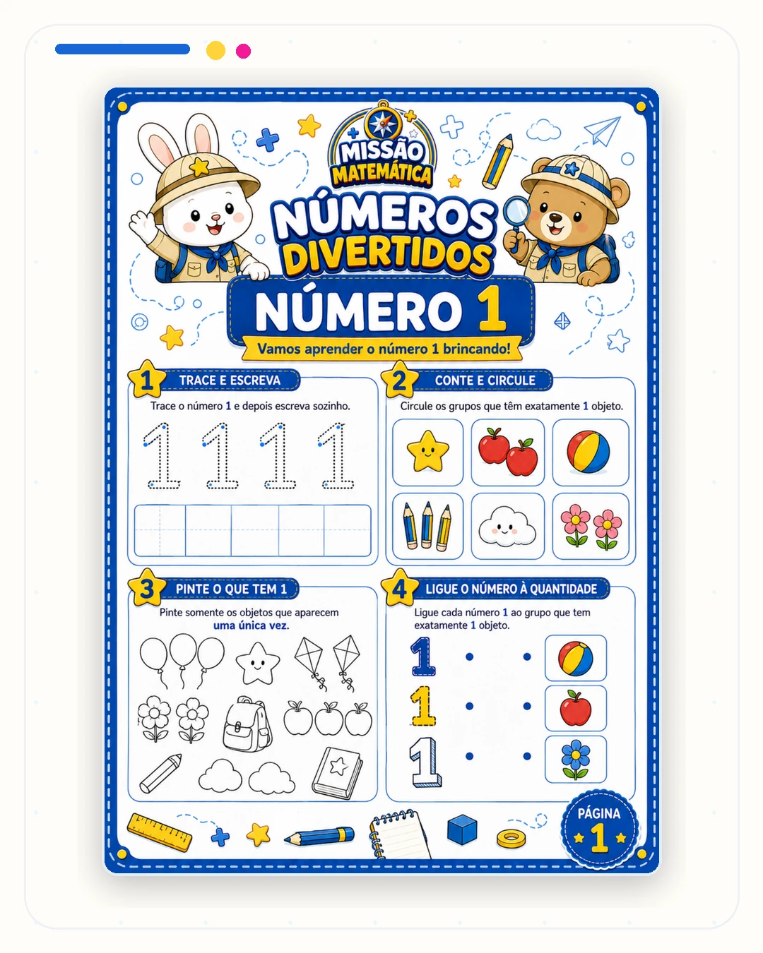 Página interna de números com atividade do número 1