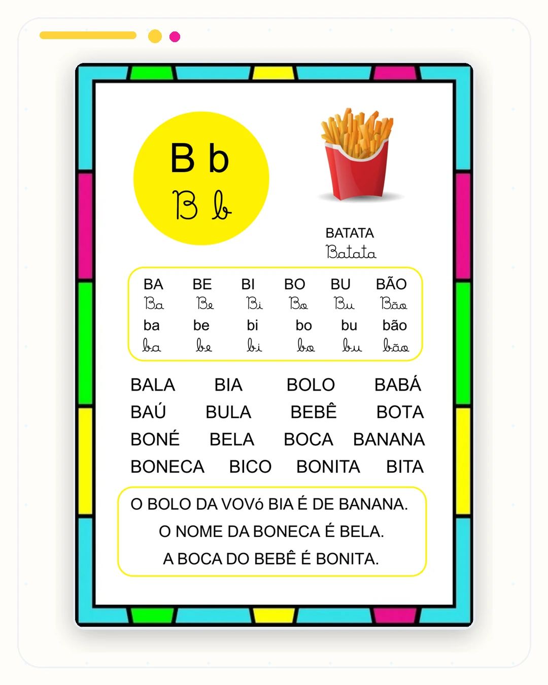 Página interna de sílabas simples com palavras e frases curtas