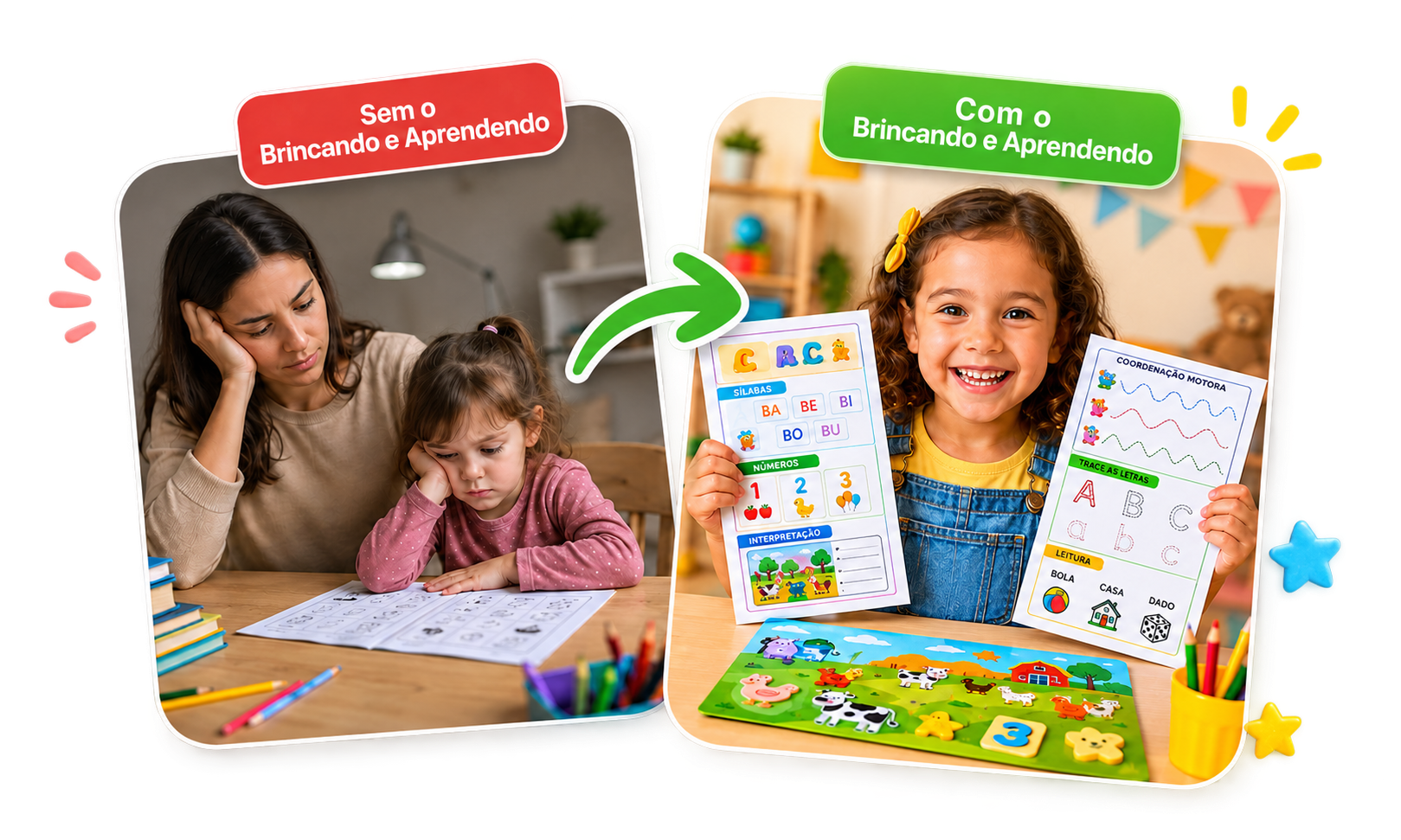 Comparativo sem e com o Brincando e Aprendendo, mostrando uma criança mais animada com atividades pedagógicas